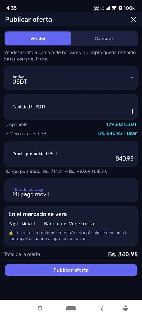 P2P Publicar oferta — Zentto Pay