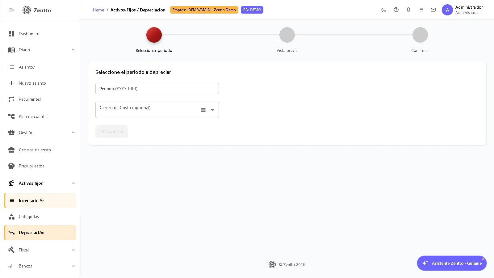 Fixed asset depreciation wizard with the Select period, Preview and Confirm steps