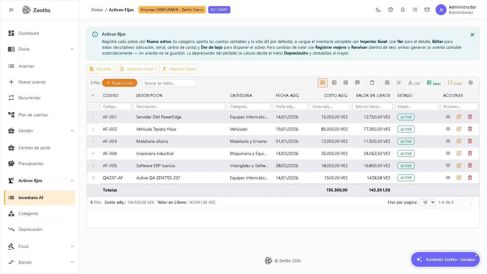 Fixed asset inventory in Zentto with book value, accumulated depreciation and status columns