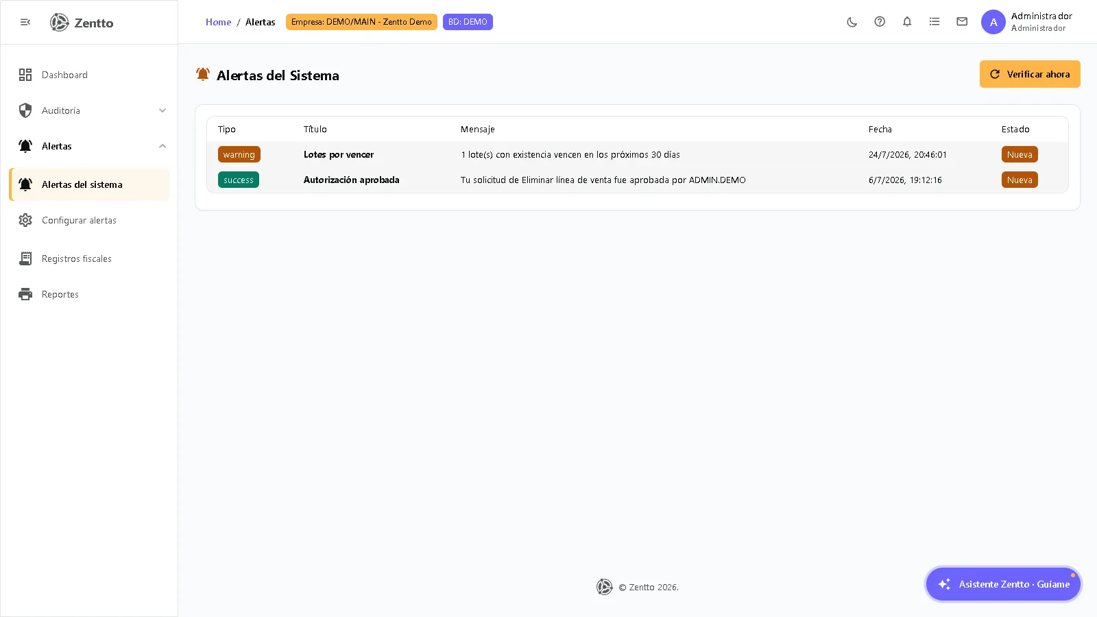 Alertas del sistema — listado de alertas activas