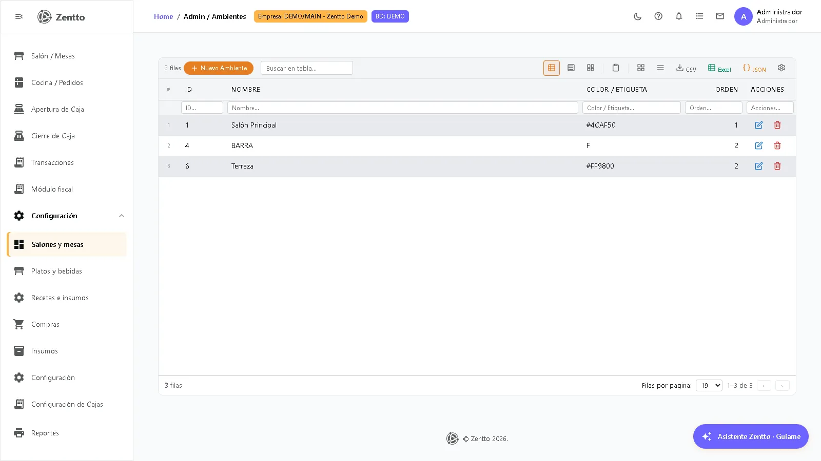 Salones y mesas (Configuración de Ambientes)