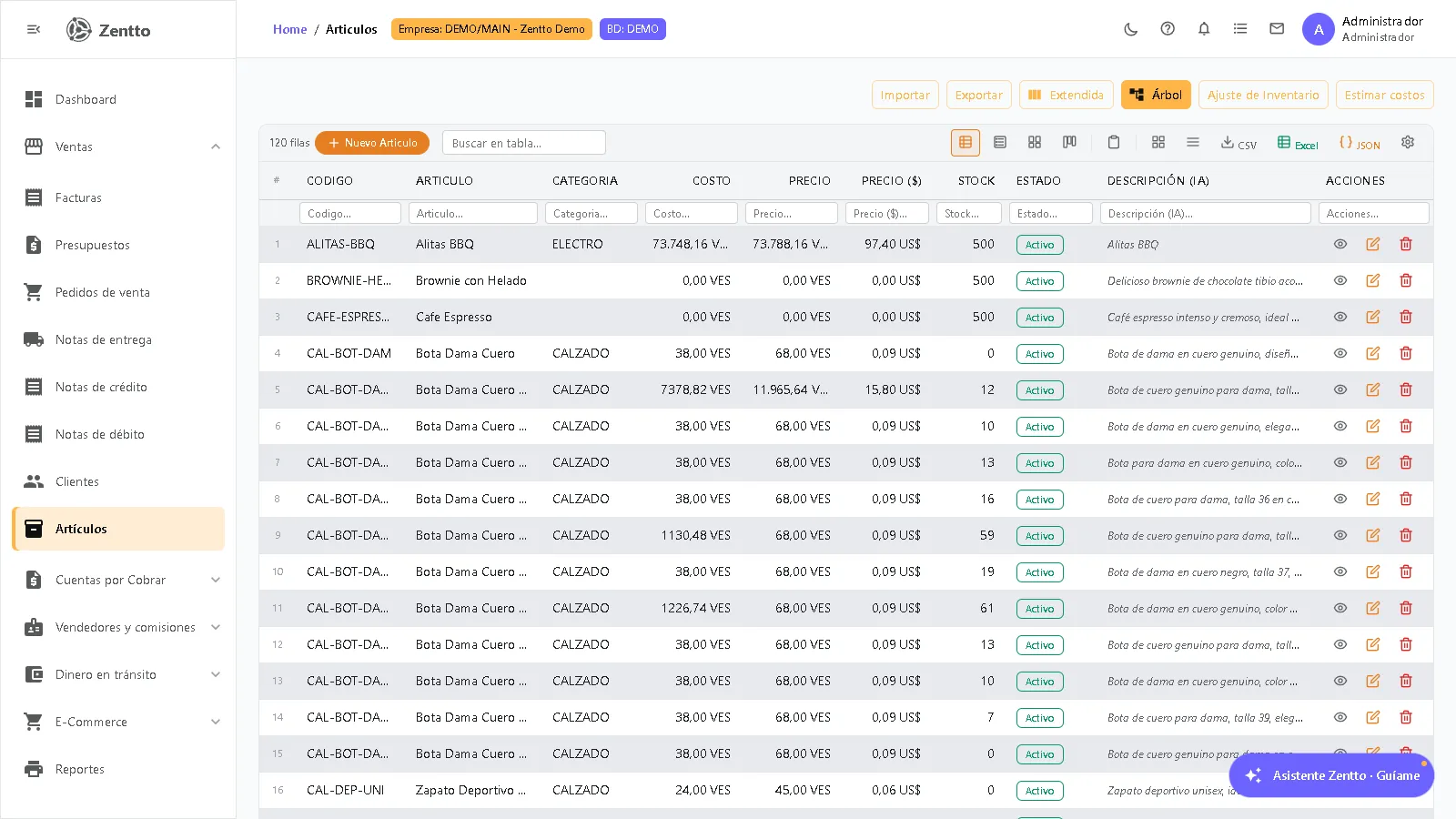 Lista de artículos de venta con código, nombre, precio y disponibilidad para facturación