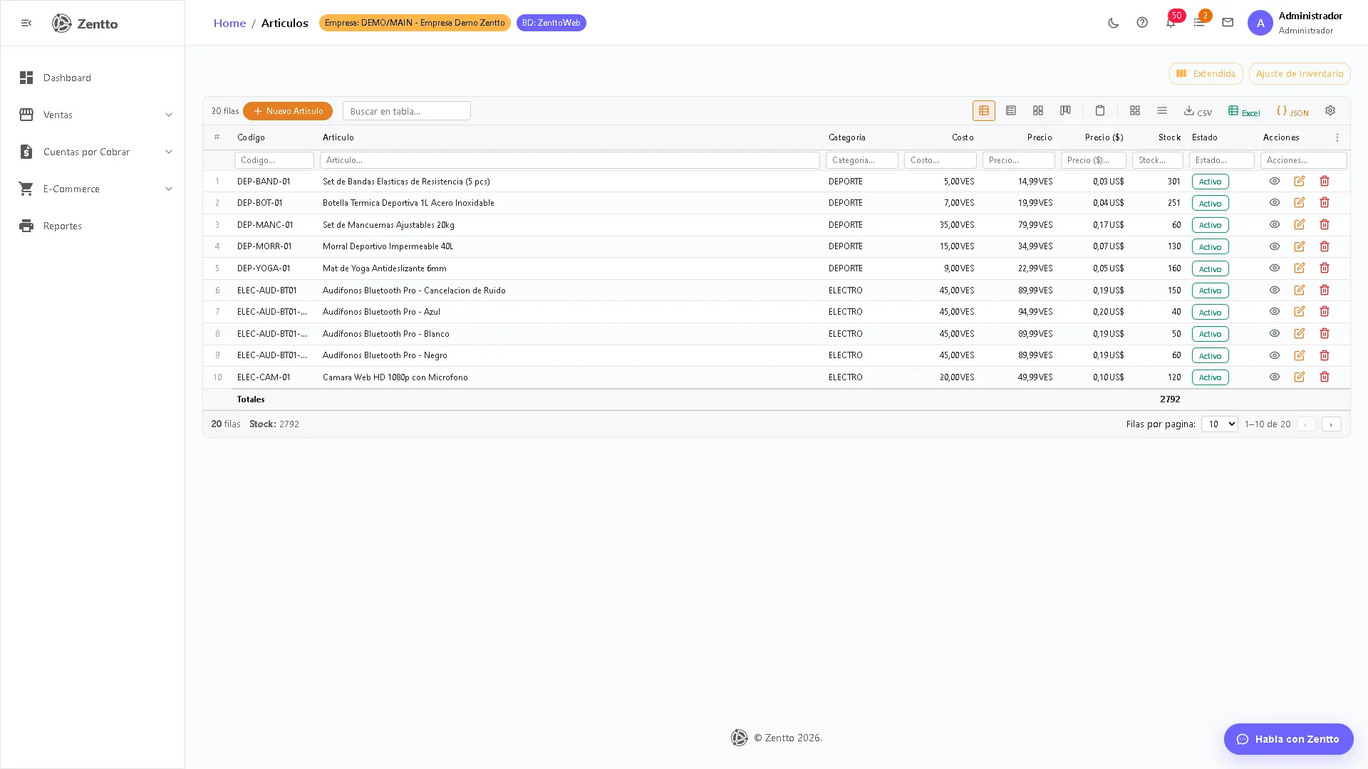 Lista de artículos de venta con código, nombre, precio y disponibilidad para facturación