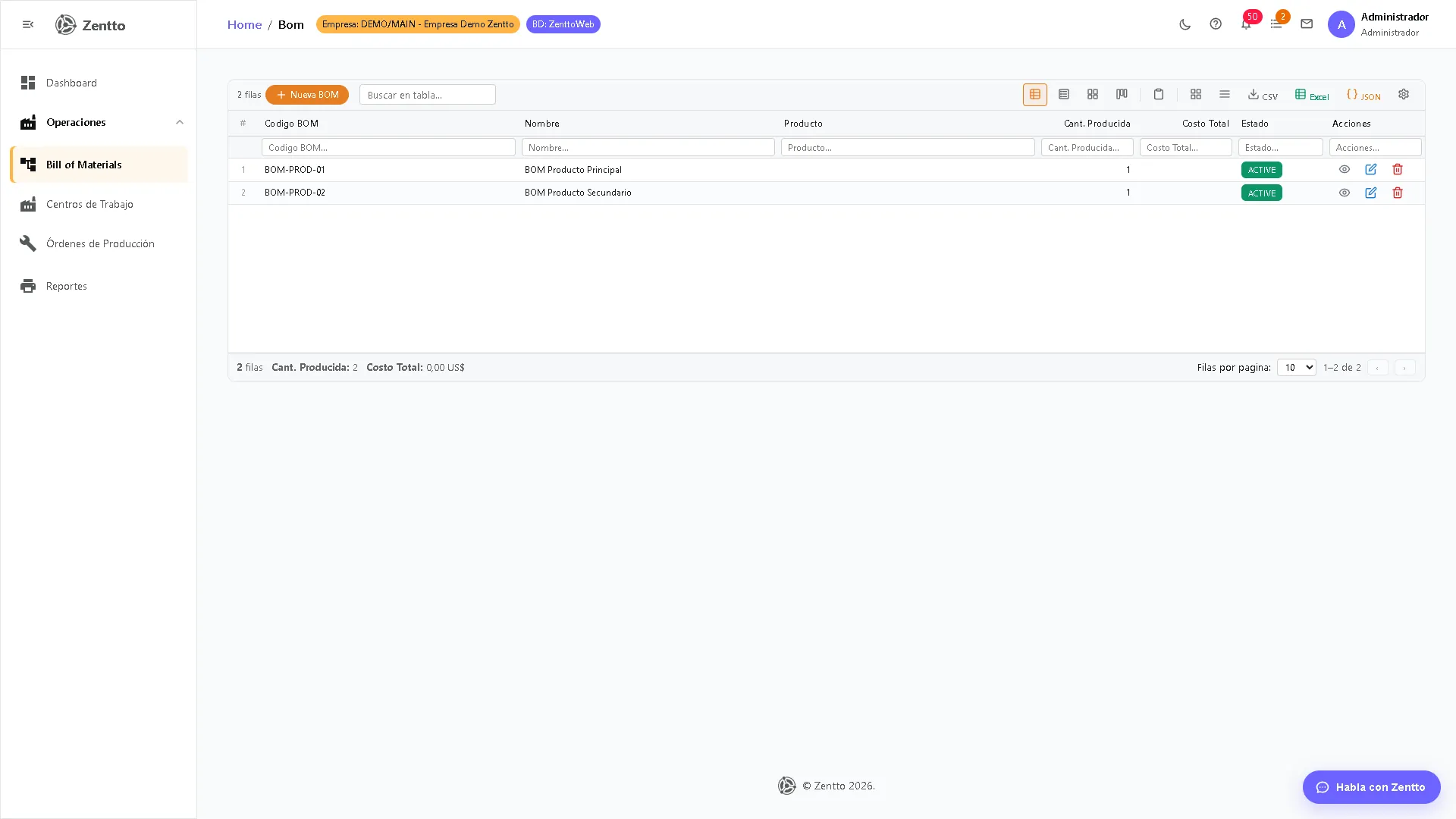 Lista de materiales (BOM) — listado