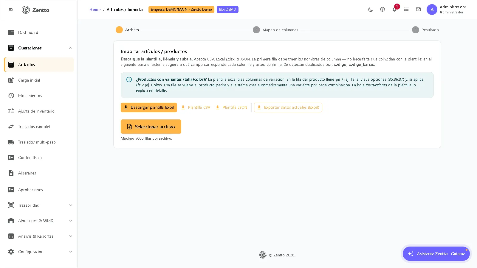 Asistente de importación de artículos con plantillas descargables, exportación y selección de archivo