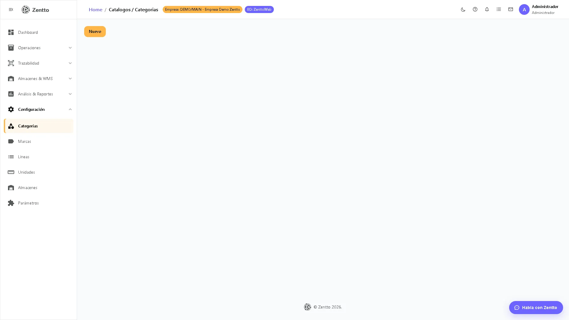Lista de categorías de inventario con estructura jerárquica