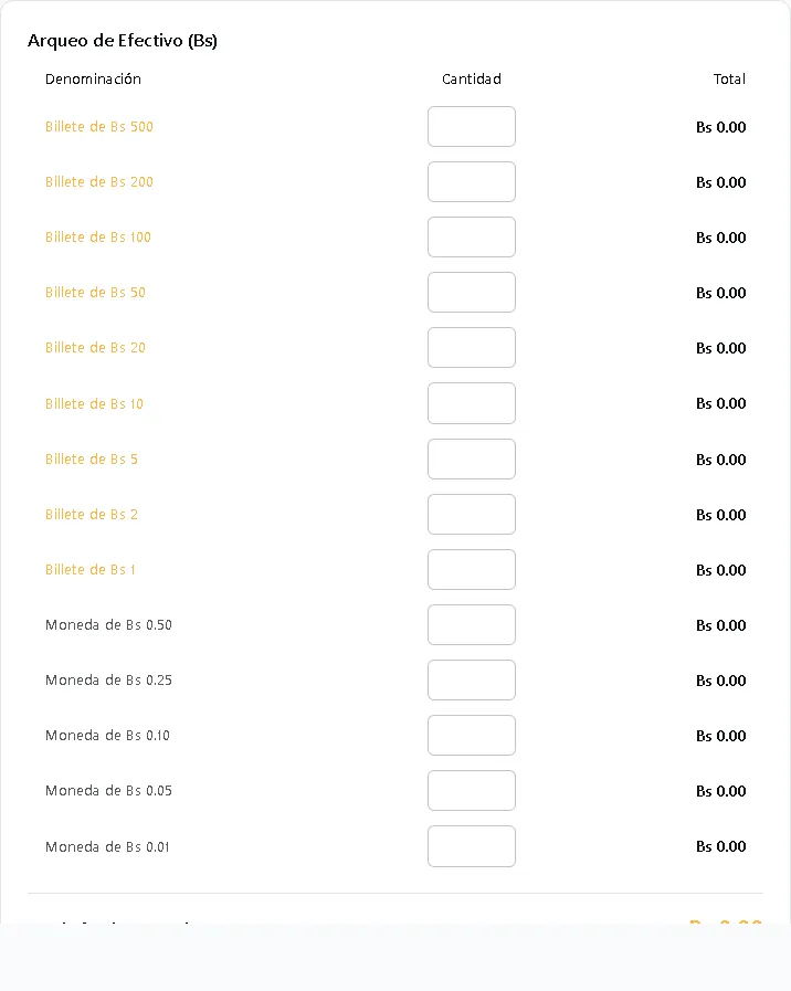 Formulario de conteo de efectivo por denominación