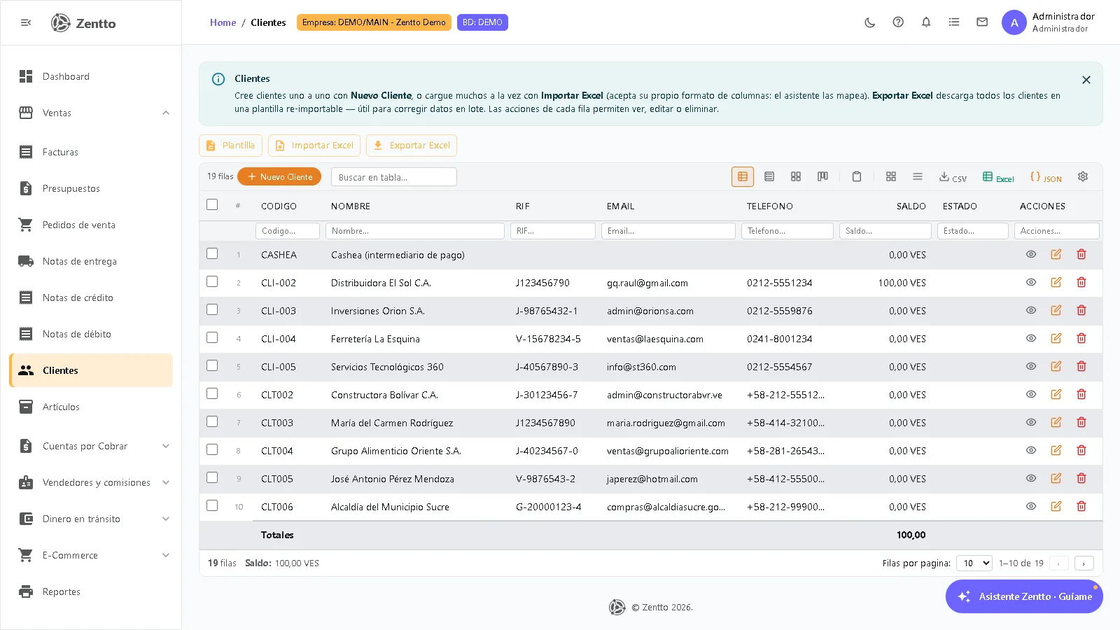 Lista de clientes con columnas de código, nombre, RIF, email, teléfono y saldo