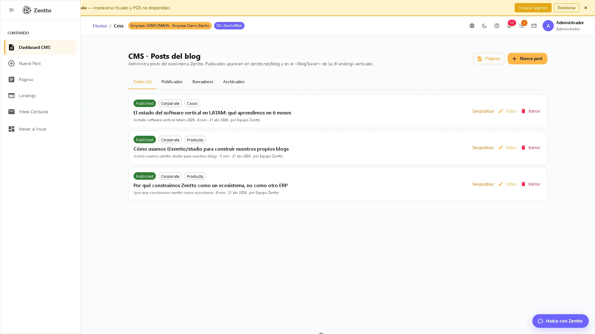 CMS — dashboard con acceso a Posts, Páginas, Landings e Inbox