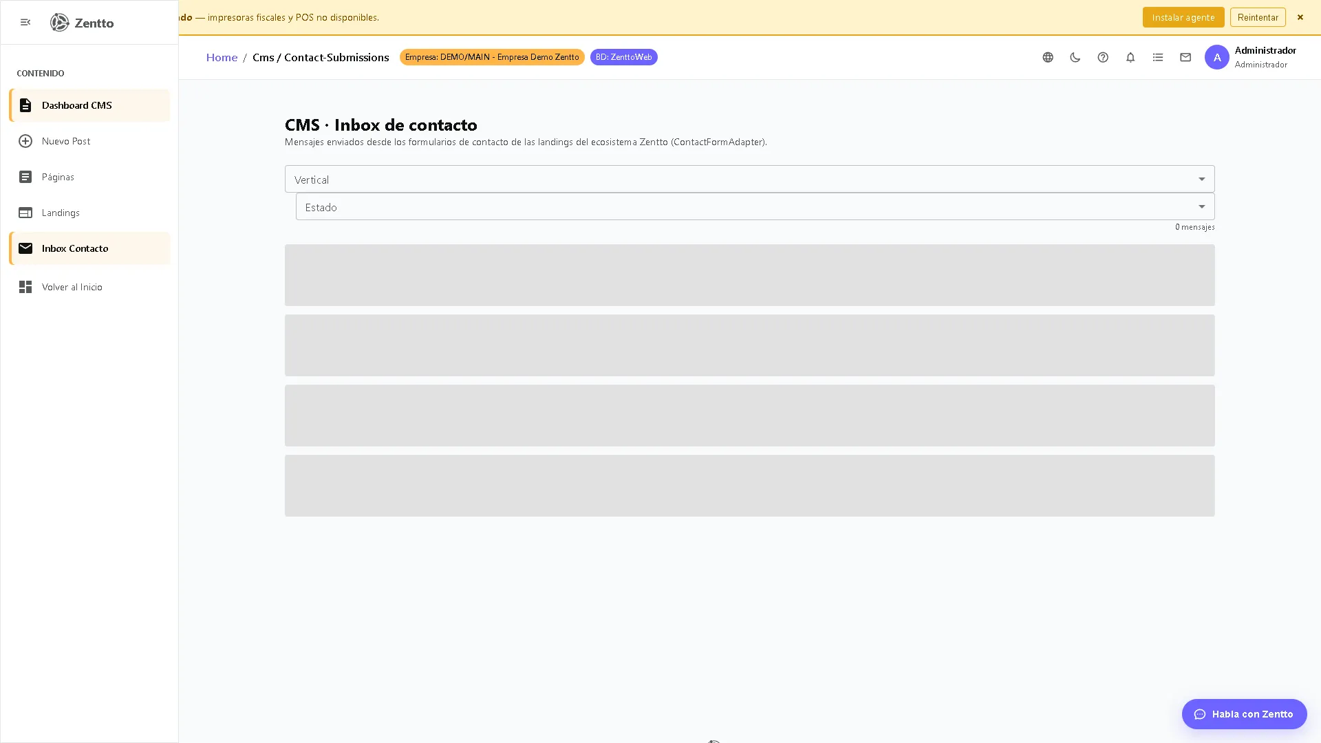 CMS — formularios de contacto recibidos