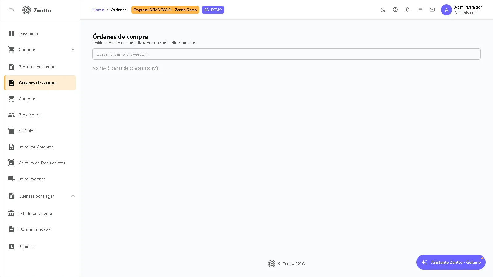 Lista de órdenes de compra con buscador por número de orden o proveedor