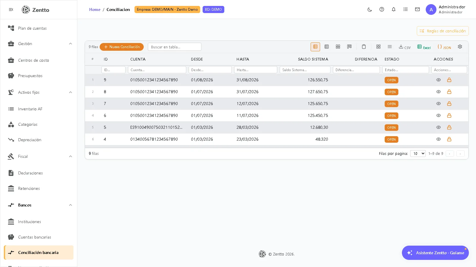 Pantalla de conciliación bancaria en Zentto con listado de movimientos bancarios y contables por cruzar