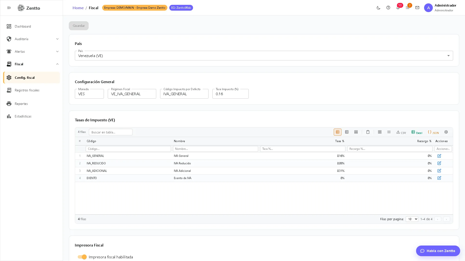 Configuración fiscal — tasas de impuesto y parámetros fiscales de la empresa