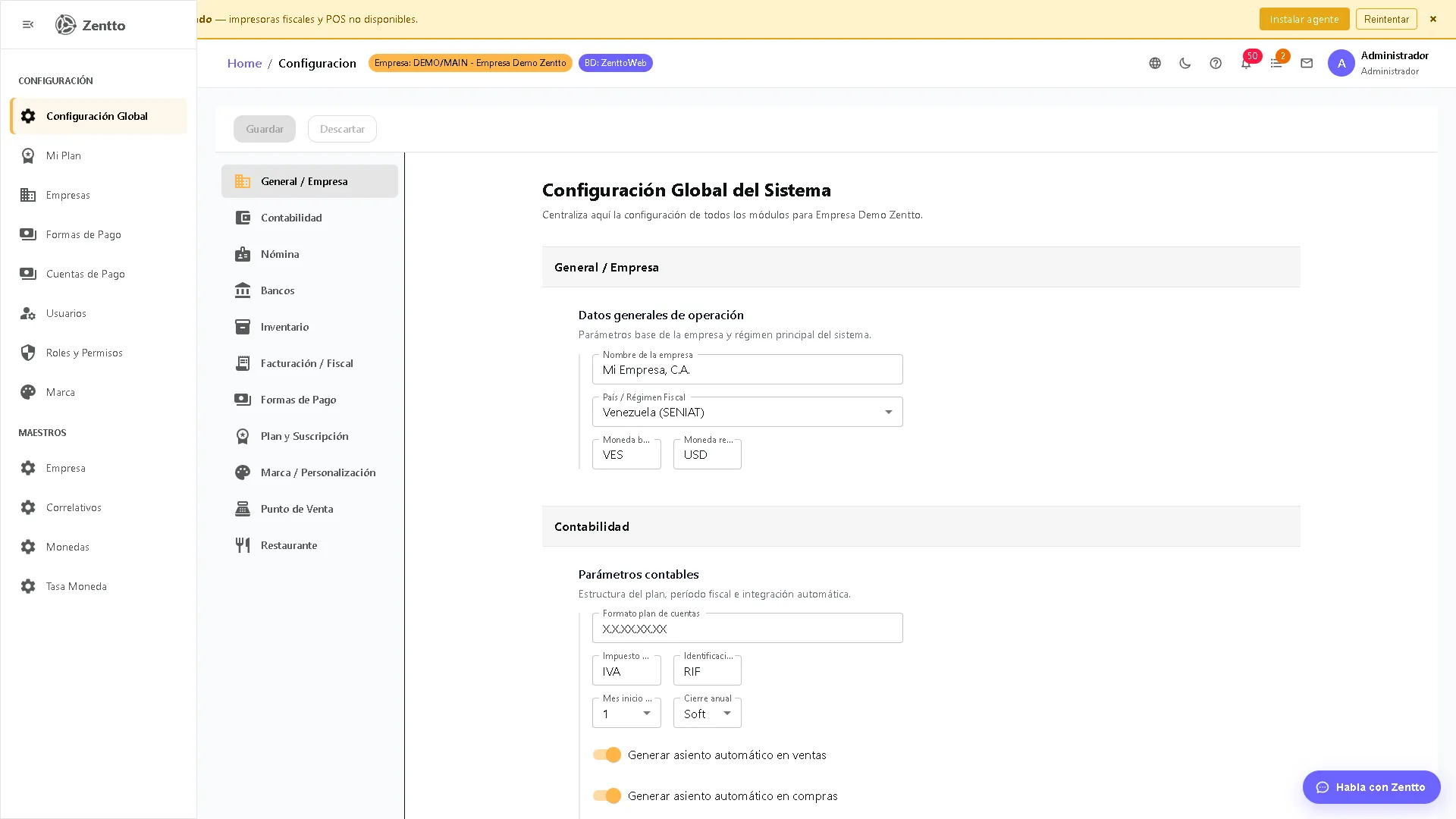 Configuración global — pantalla raíz con sidebar de 12 ítems de configuración y maestros
