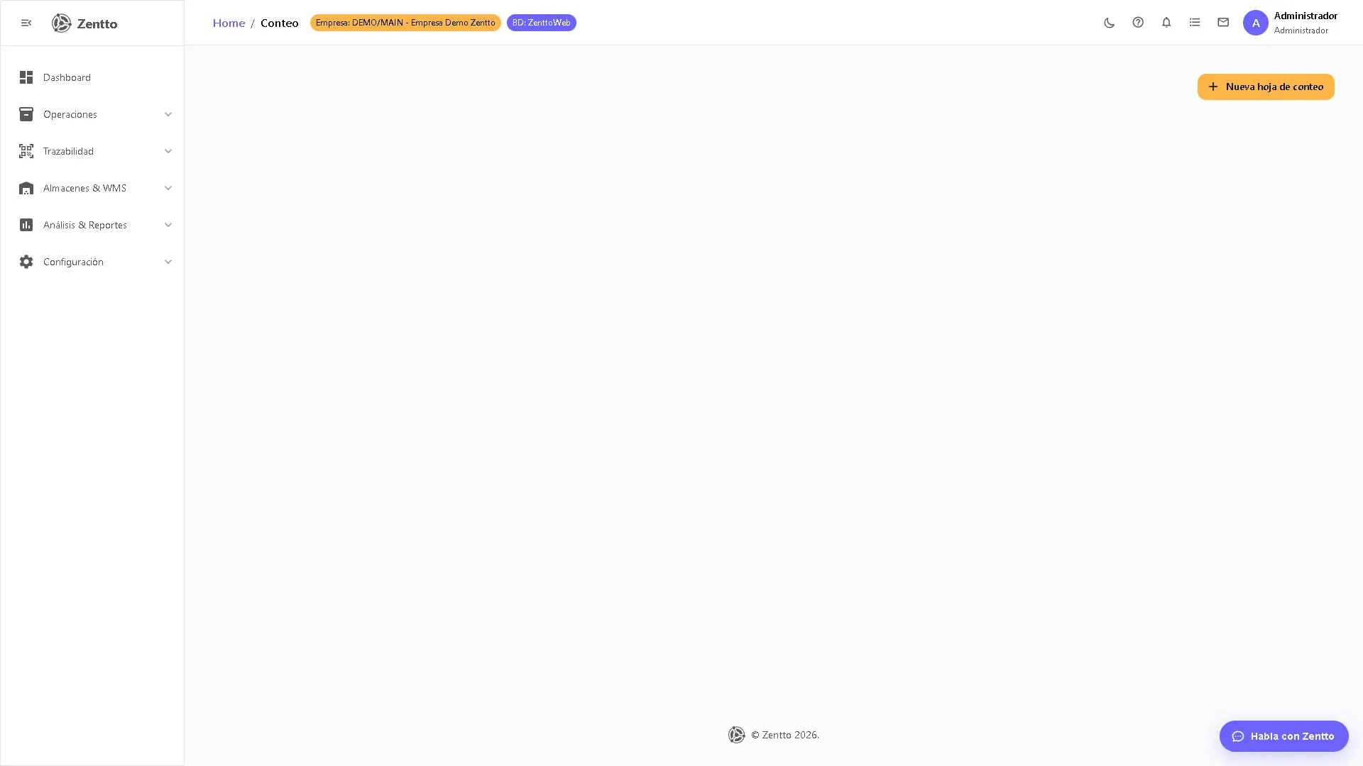 Pantalla de conteo físico con botón para crear nueva hoja de conteo