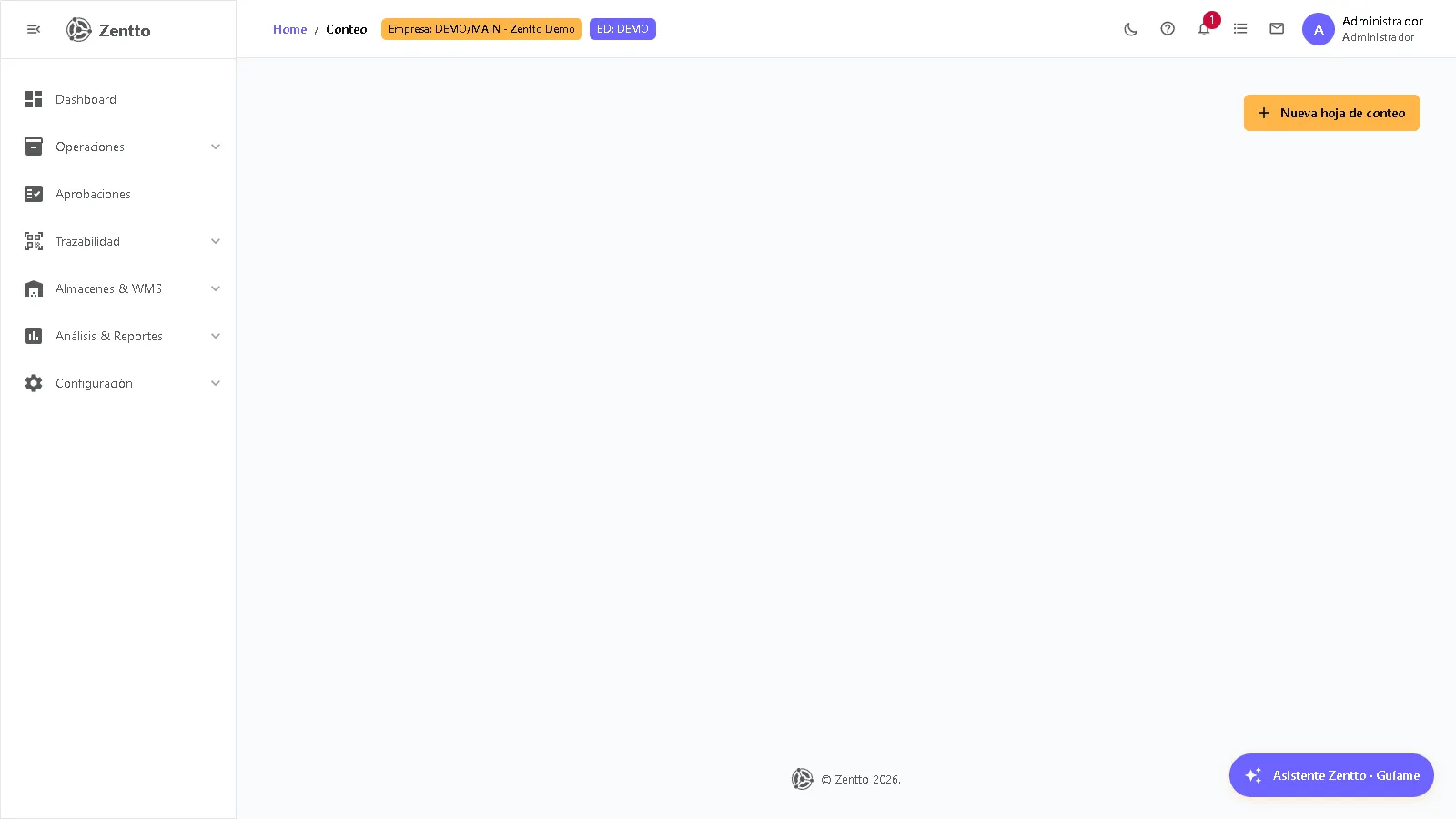 Pantalla de conteo físico con botón para crear nueva hoja de conteo