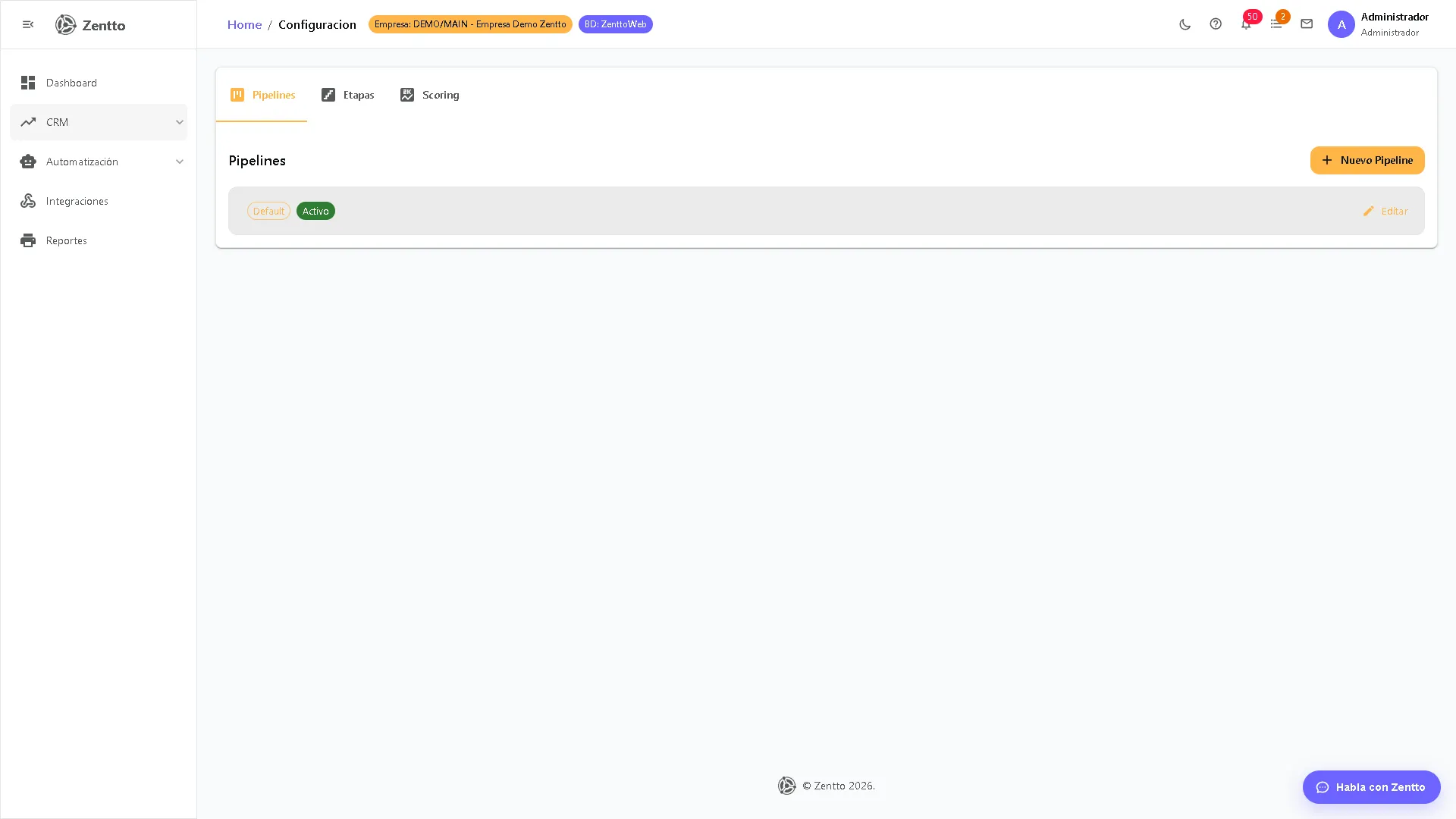 Configuración de pipelines del CRM con etapas y probabilidades