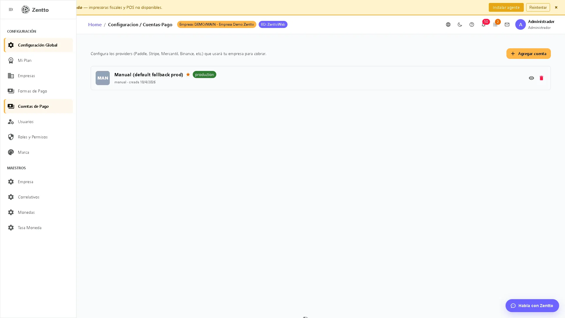 Cuentas de pago — listado de cuentas registradas