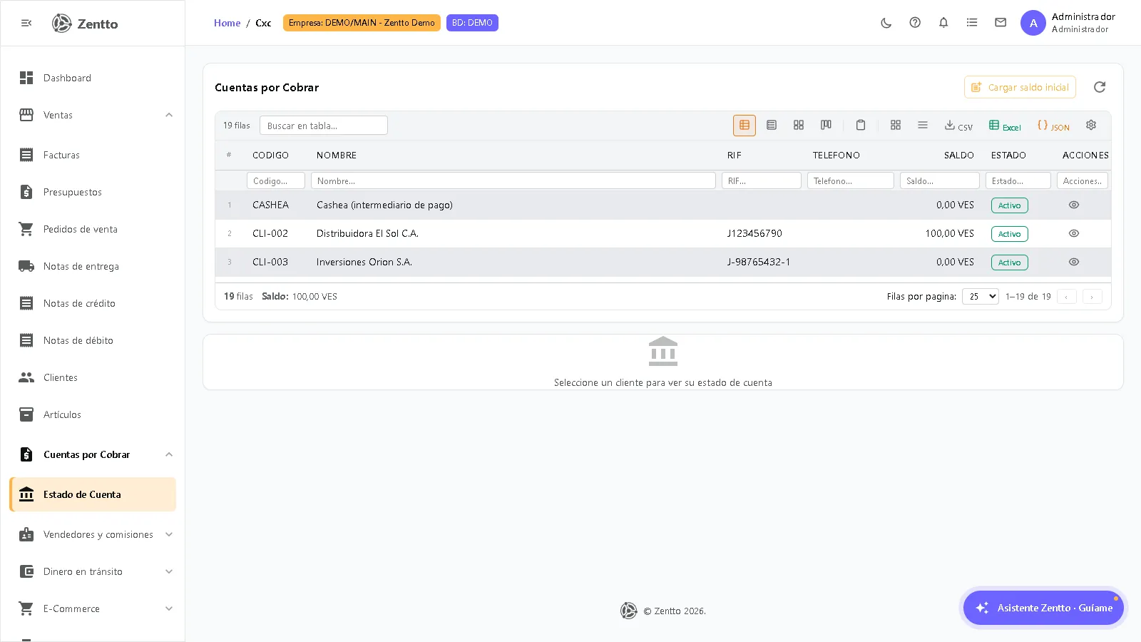 Estado de cuenta CxC con lista de clientes y saldos pendientes