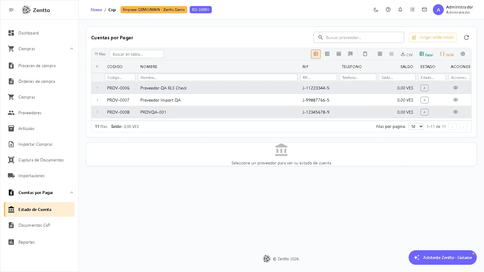 Cuentas por pagar con lista de proveedores y saldos pendientes por pagar