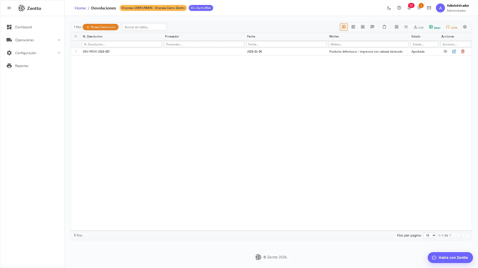 Devoluciones — listado de devoluciones activas