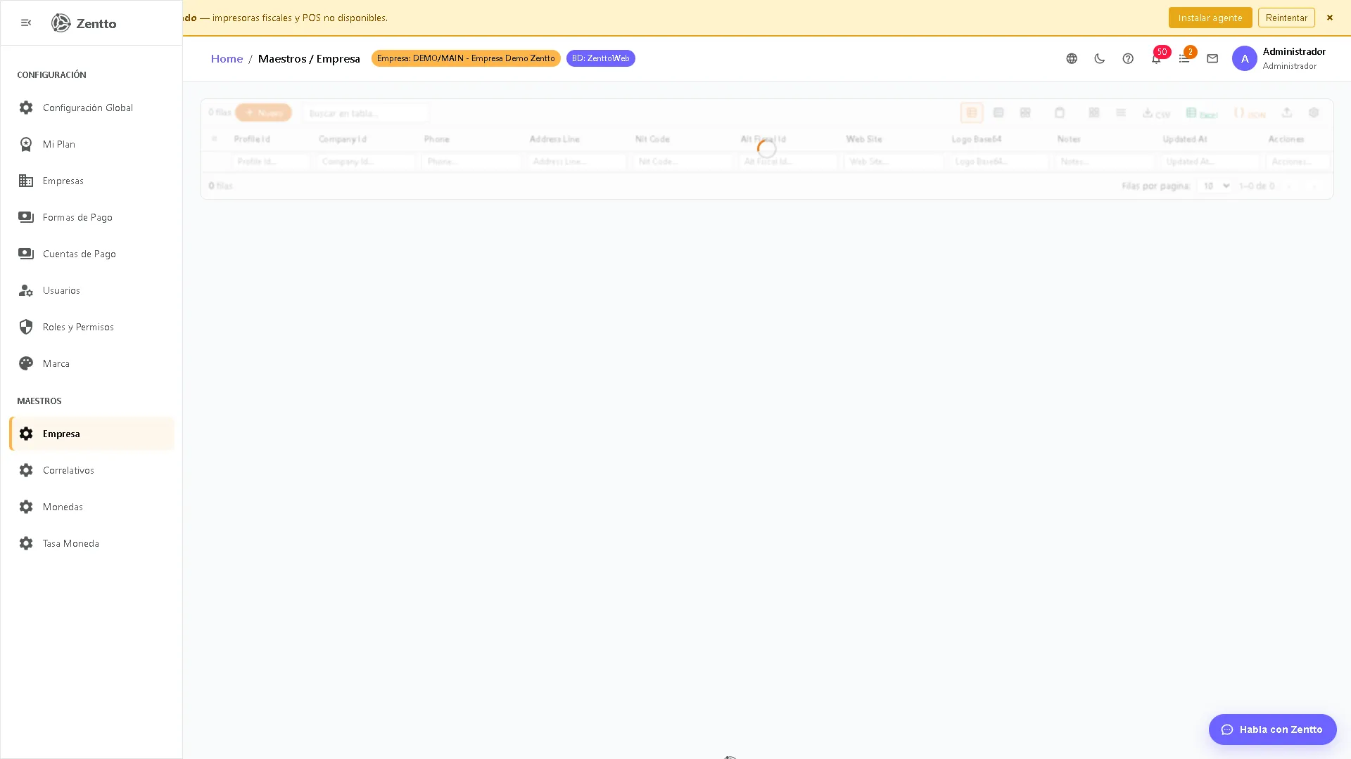 Maestro Empresa — datos de configuración