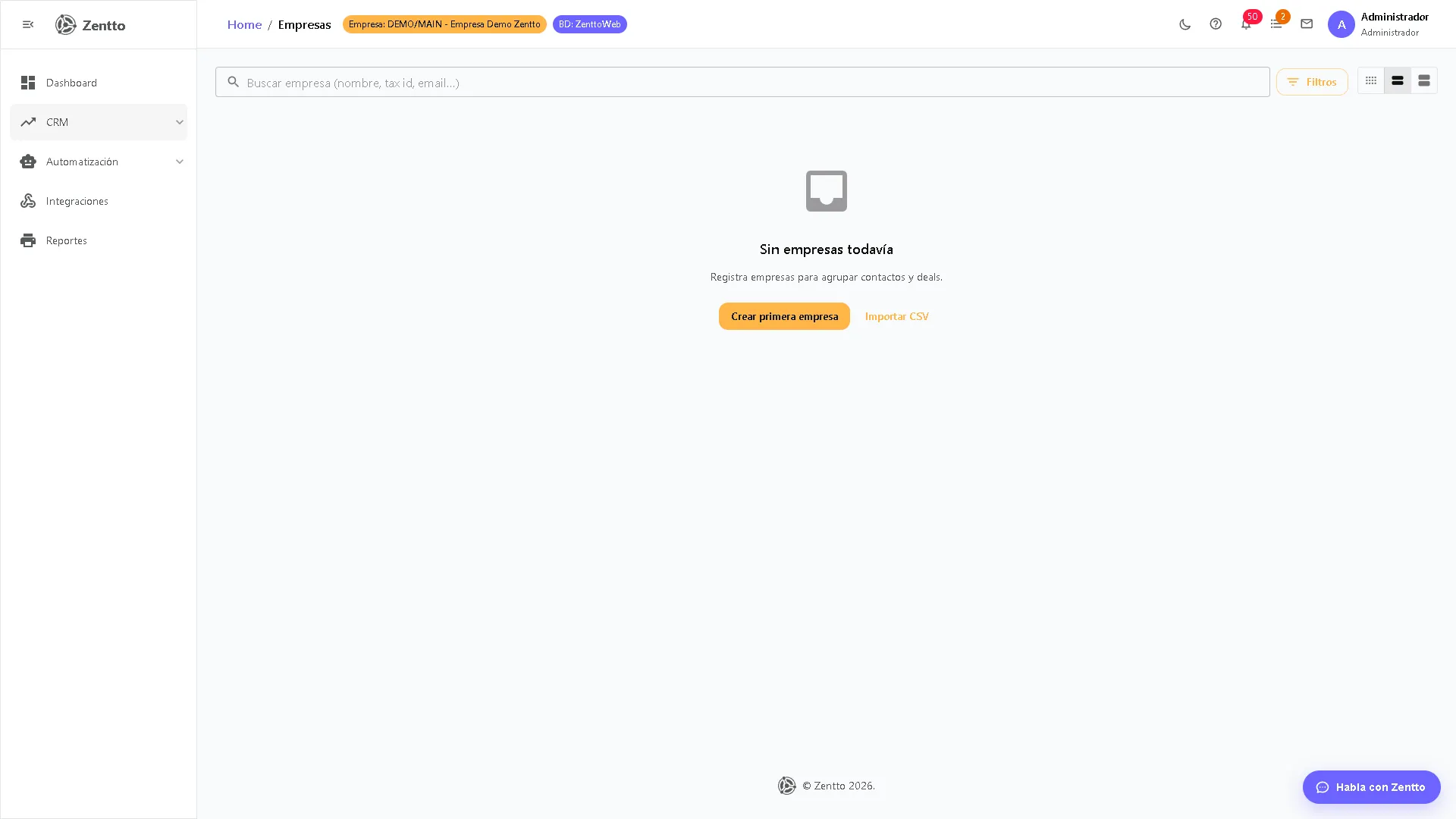 Lista de empresas del CRM con nombre, sector, cantidad de contactos y valor de pipeline