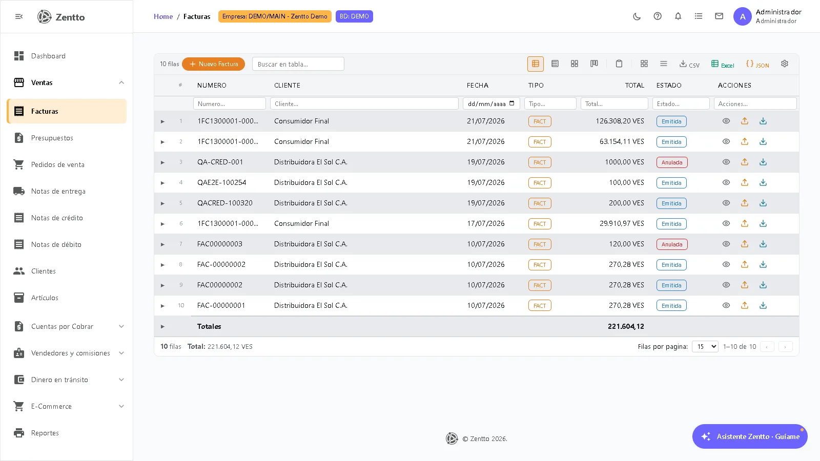 Lista de facturas de venta con columnas de número, cliente, fecha, tipo, total y estado