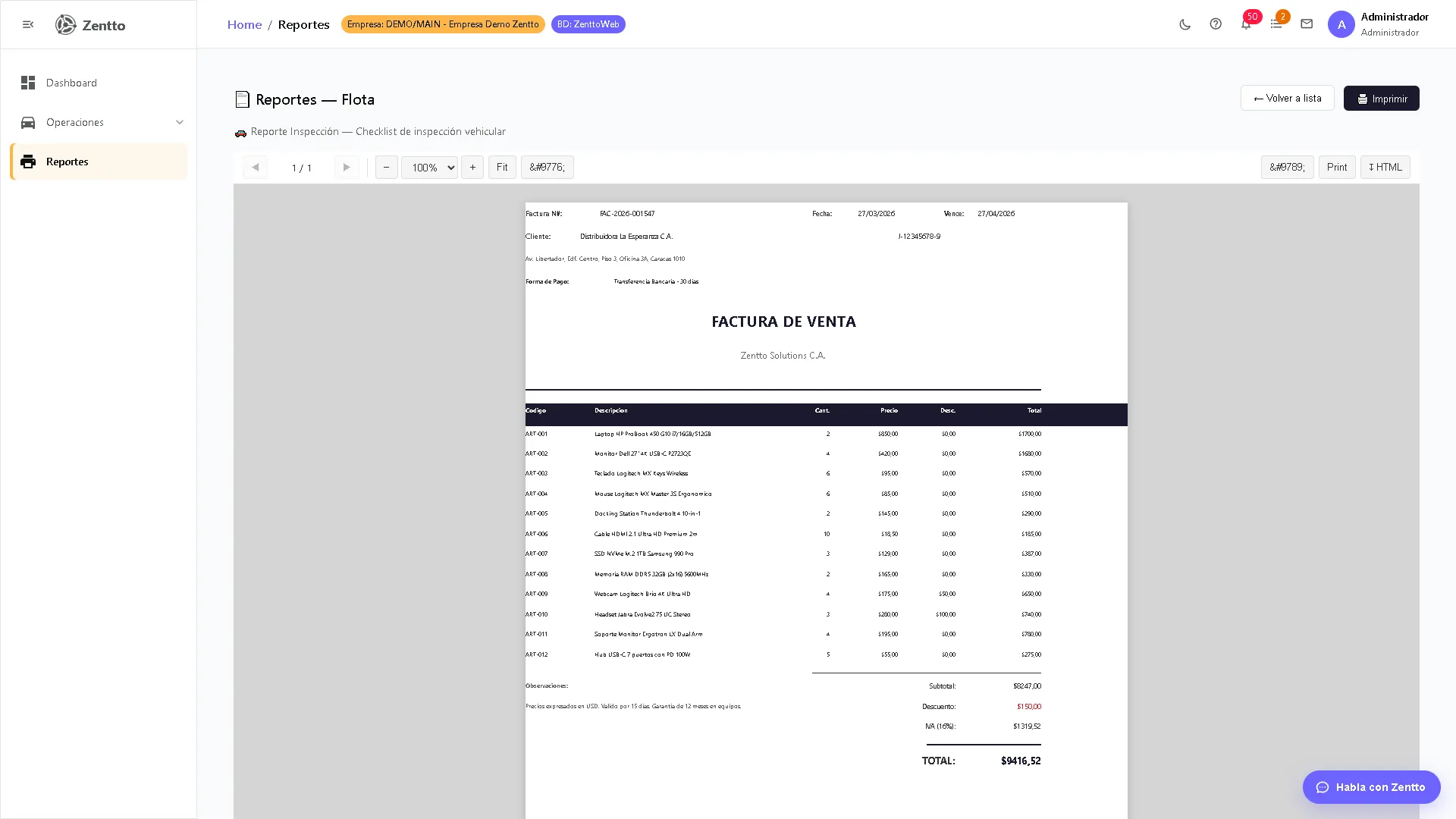 Reporte Inspección — error de template (muestra Factura de Venta)