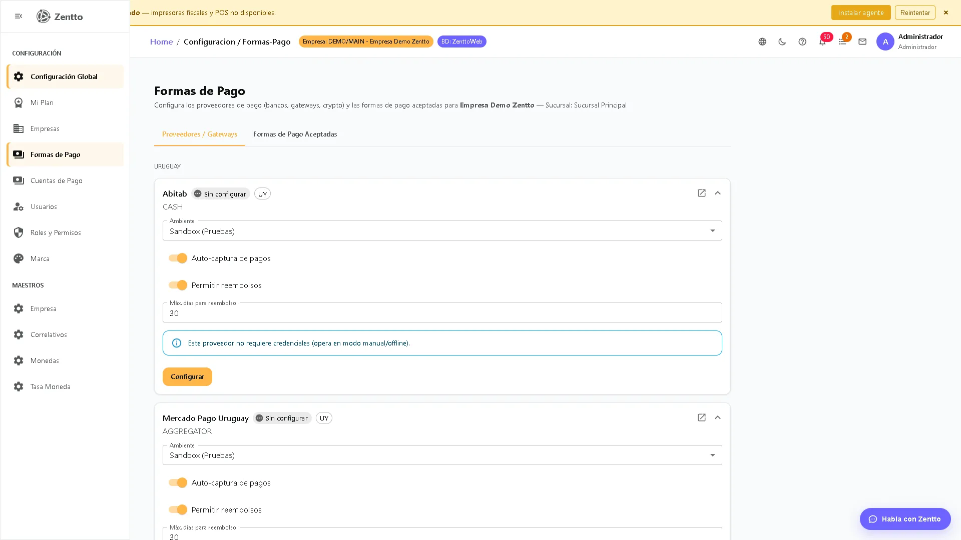 Formas de pago — listado de métodos configurados