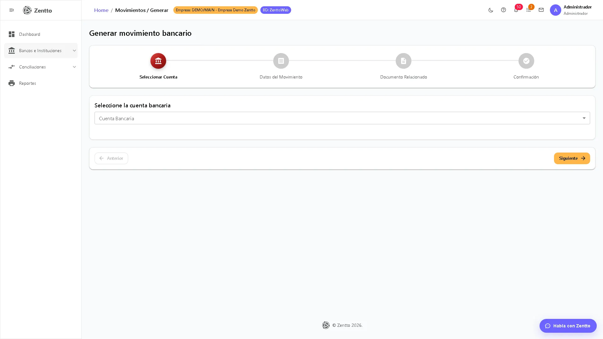 Generar Movimiento Bancario — Wizard Paso 1