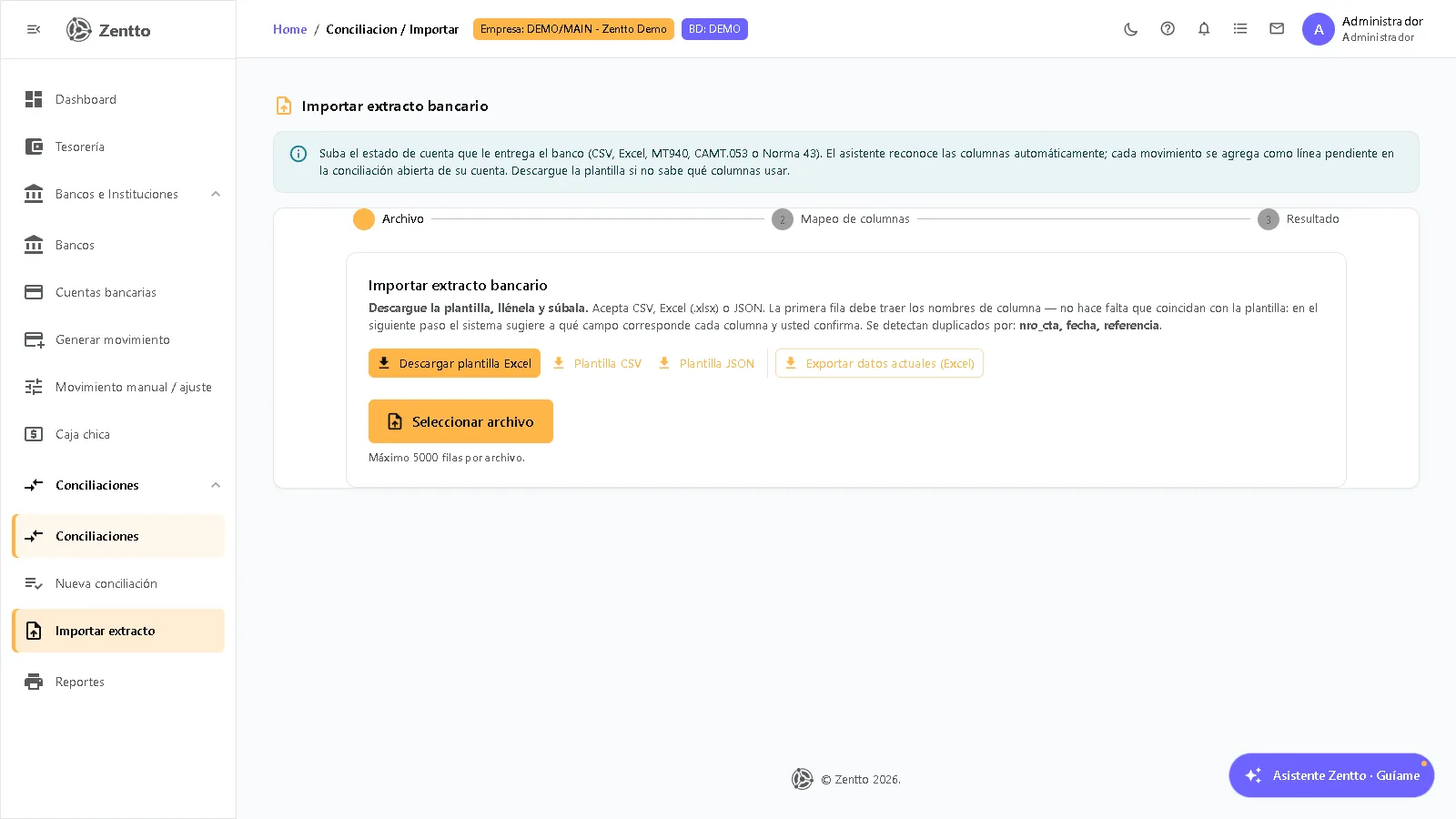 Importar extracto bancario — Paso Archivo con plantillas descargables