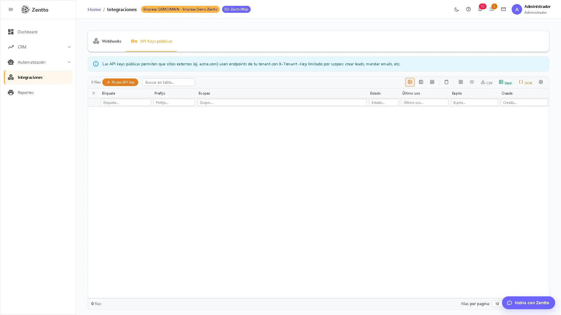 Panel de API Keys del CRM con claves públicas para recepción de leads desde fuentes externas