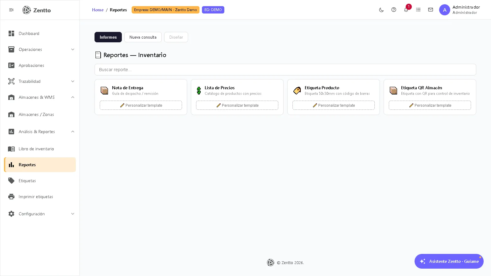 Panel de reportes de inventario con los 4 reportes disponibles