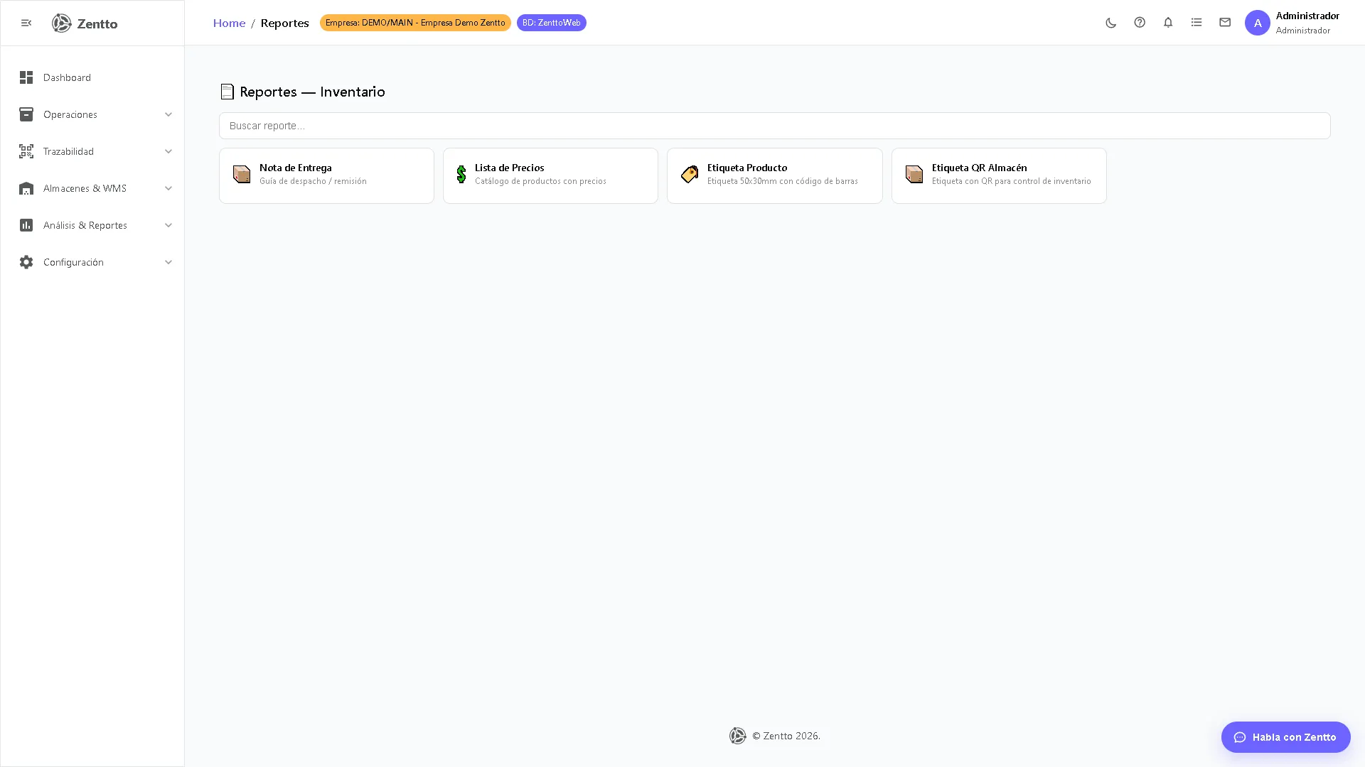 Panel de reportes de inventario con los 4 reportes disponibles