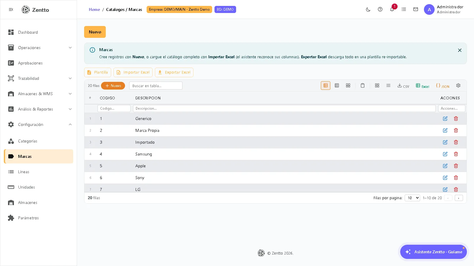 Lista de marcas de inventario con código y nombre