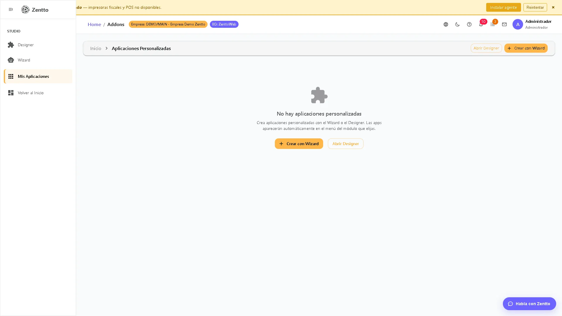 Mis aplicaciones — pantalla vacía con accesos al Designer y Wizard