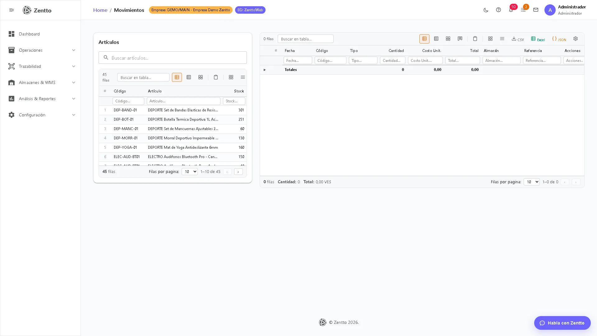 Historial de movimientos de inventario con filtros por tipo, almacén y fecha