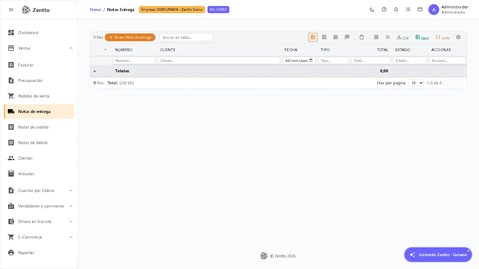 Listado de notas de entrega con columnas número, cliente, fecha, tipo, total y estado