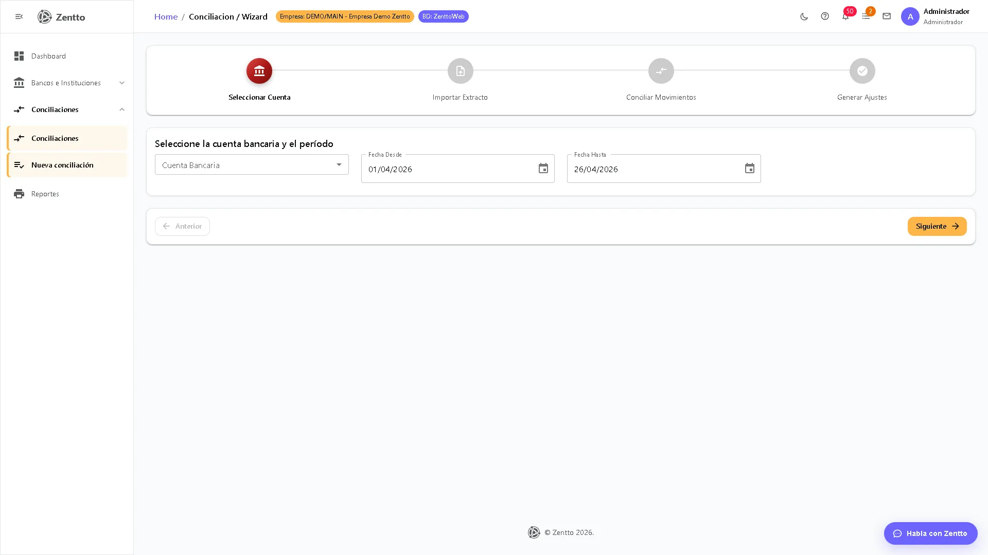 Nueva Conciliación — Wizard Paso 1 (Seleccionar cuenta y período)