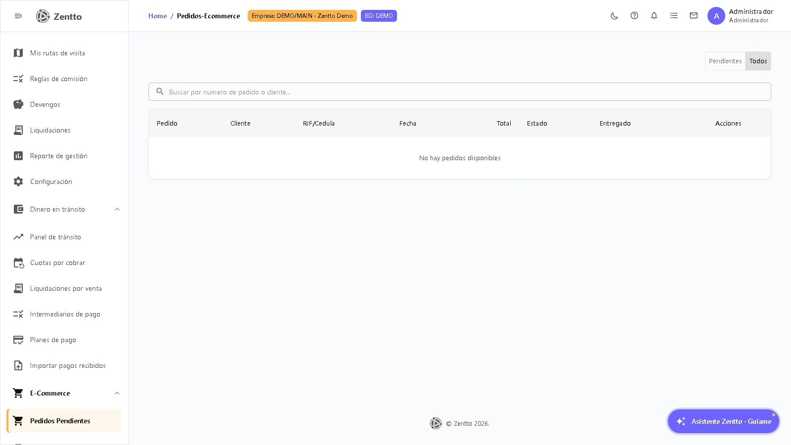 Lista de pedidos pendientes de e-commerce con estado, cliente y monto del pedido