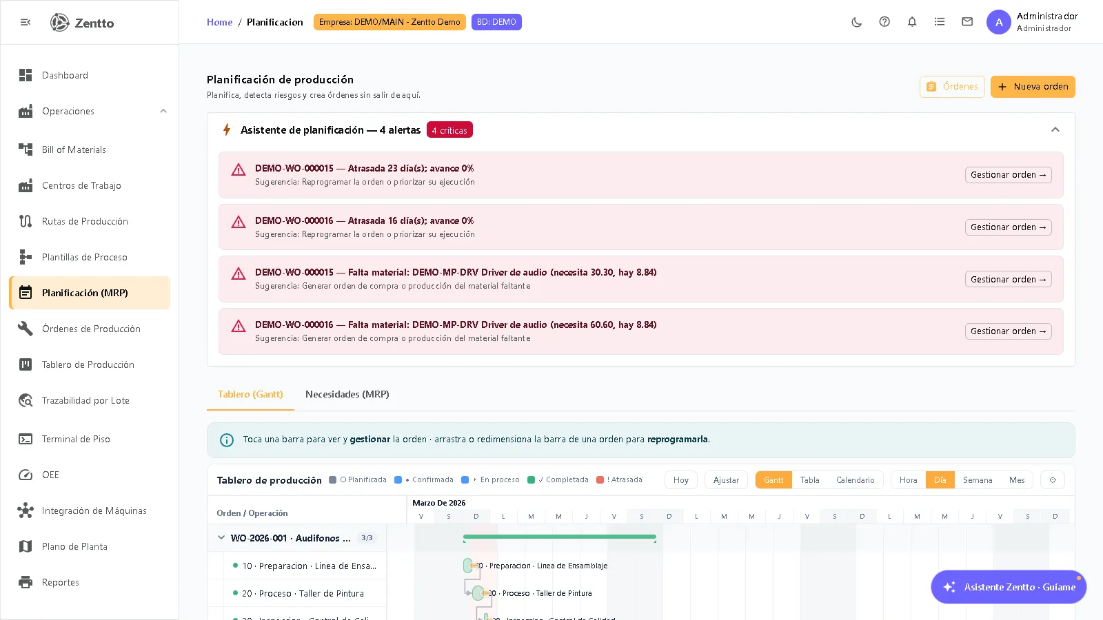 Planificación de producción — asistente de riesgos y tablero Gantt