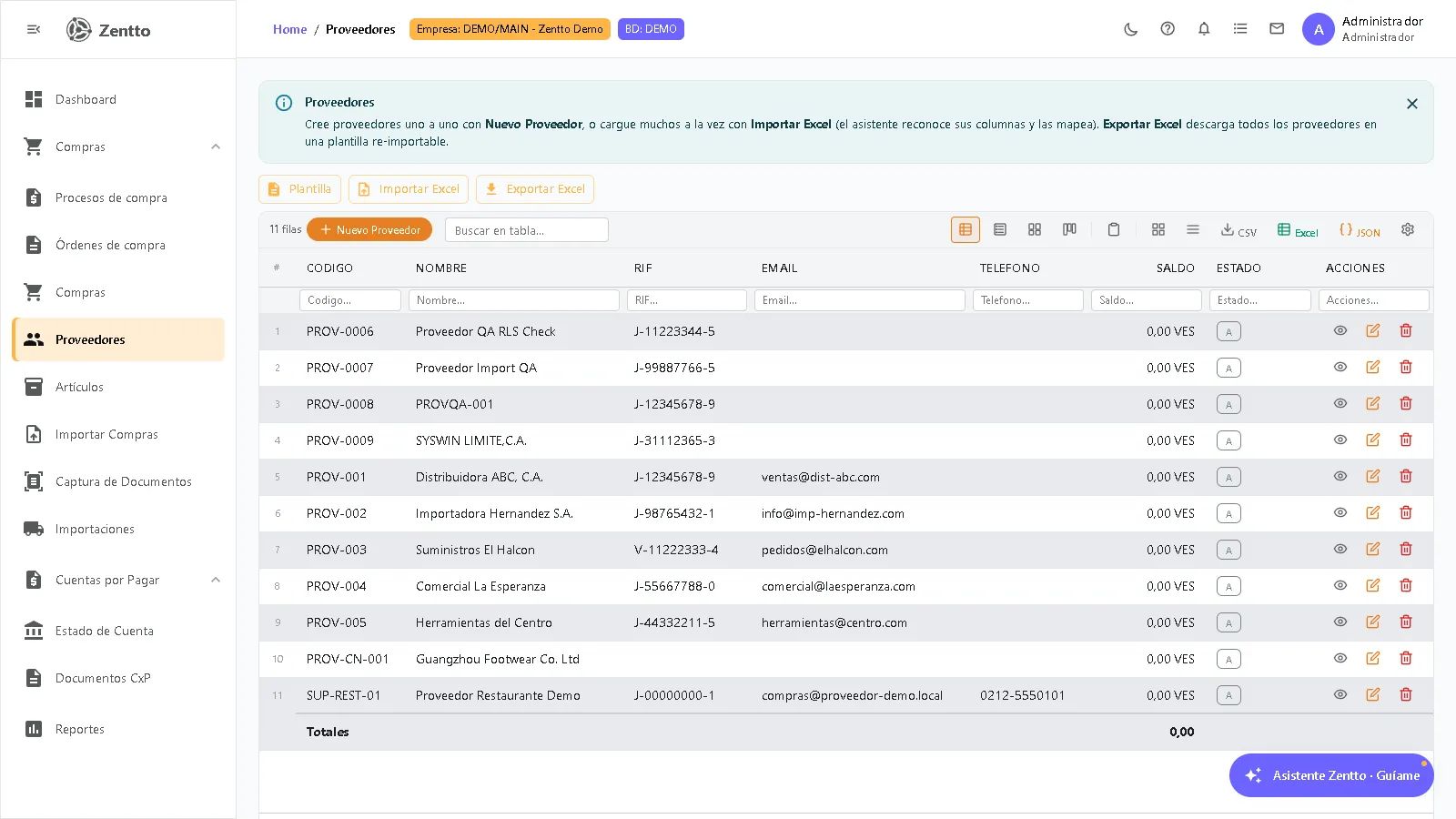 Lista de proveedores con columnas de código, nombre, RIF, teléfono, email y saldo CxP