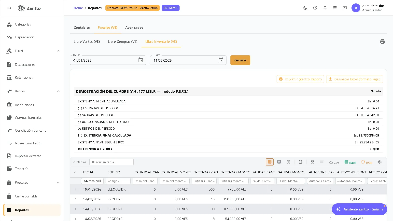 Libro de Inventario (VE) generado en Zentto con demostración del cuadre y botón de descarga en formato legal