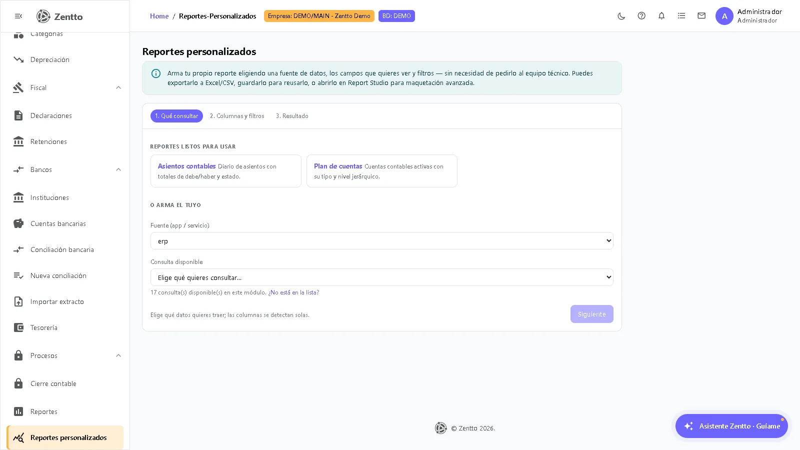 Diseñador de reportes personalizados en Zentto con el paso "Qué consultar", plantillas listas y selección de consulta