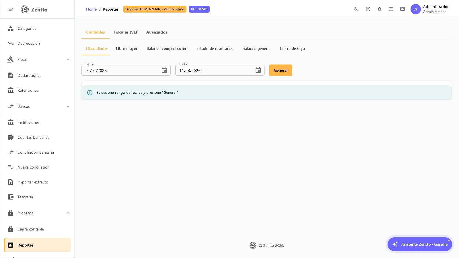 Módulo de reportes financieros en Zentto con lista de reportes disponibles