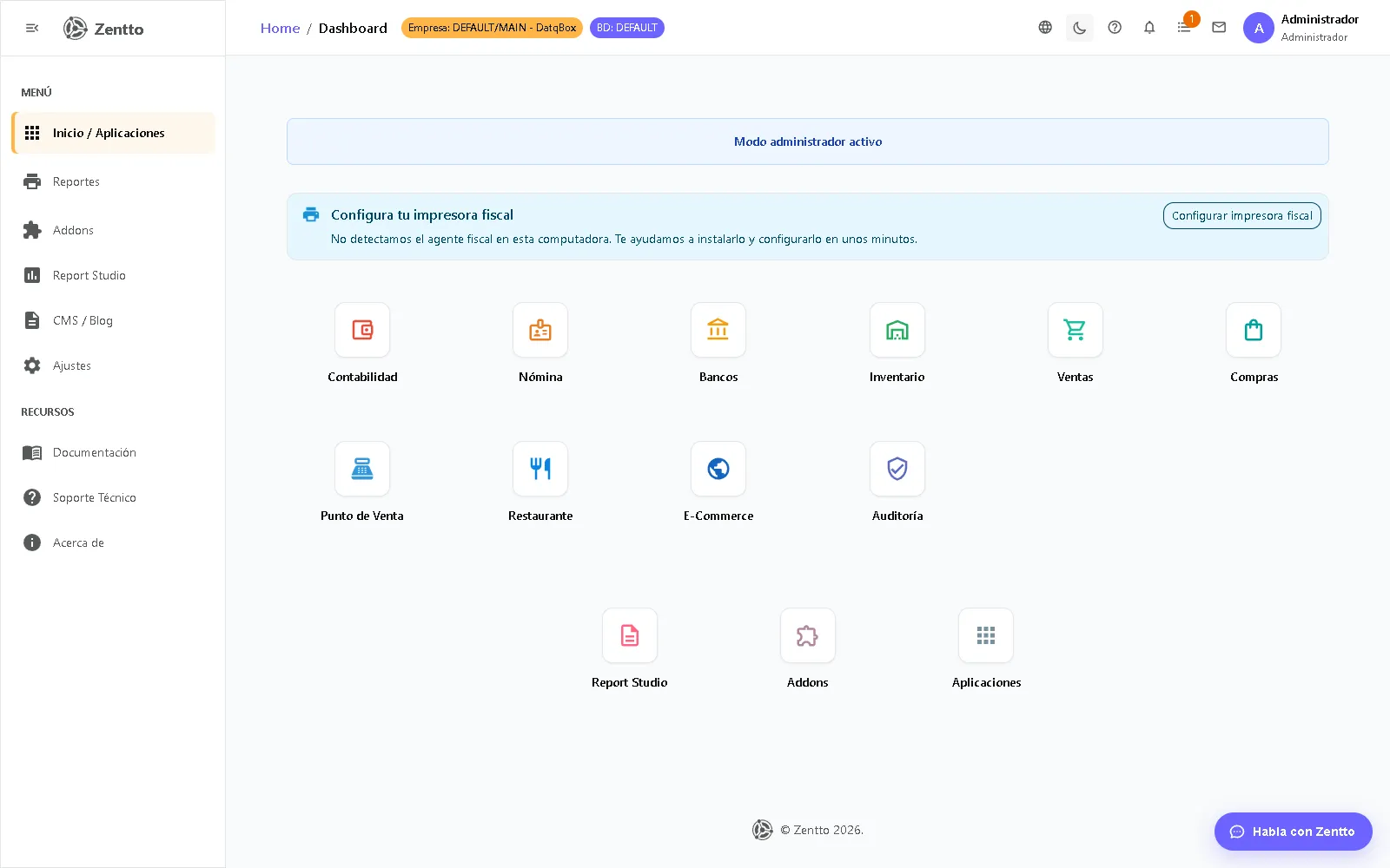 Dashboard principal con la grilla de aplicaciones disponibles