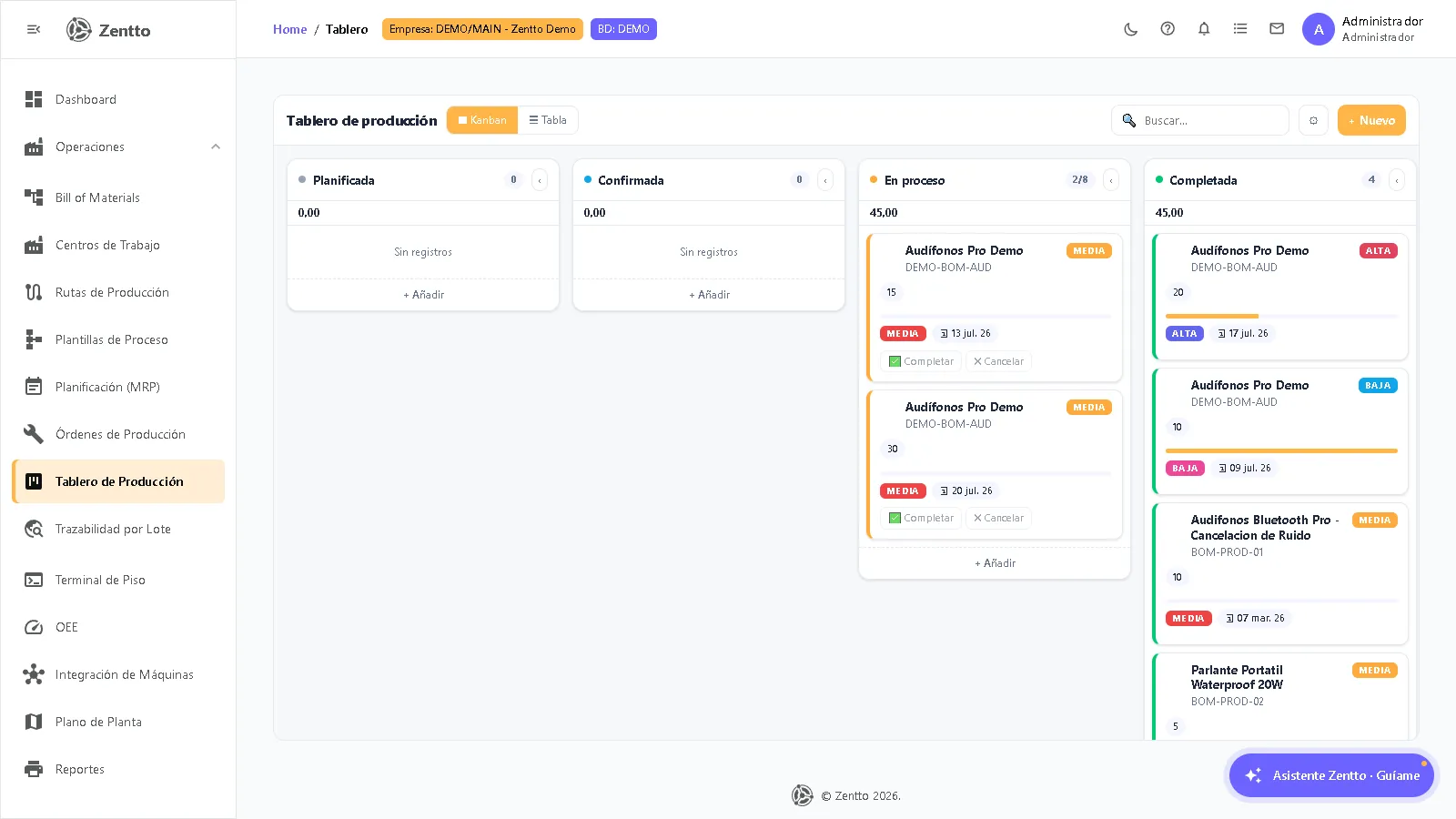 Tablero de producción — kanban de órdenes por estado