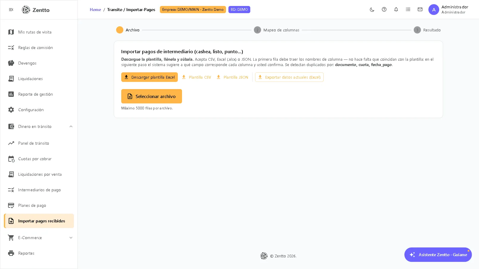Asistente de importación de pagos de intermediario en 3 pasos: archivo, mapeo de columnas y resultado