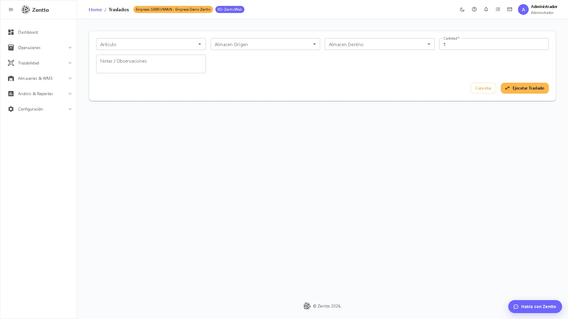 Formulario de traslado simple con almacén origen, destino y artículos a trasladar